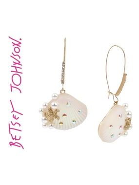 Betsey Johnson Gold-Tone Pavé & Imitation Pearl Seashell Drop Earrings NWT